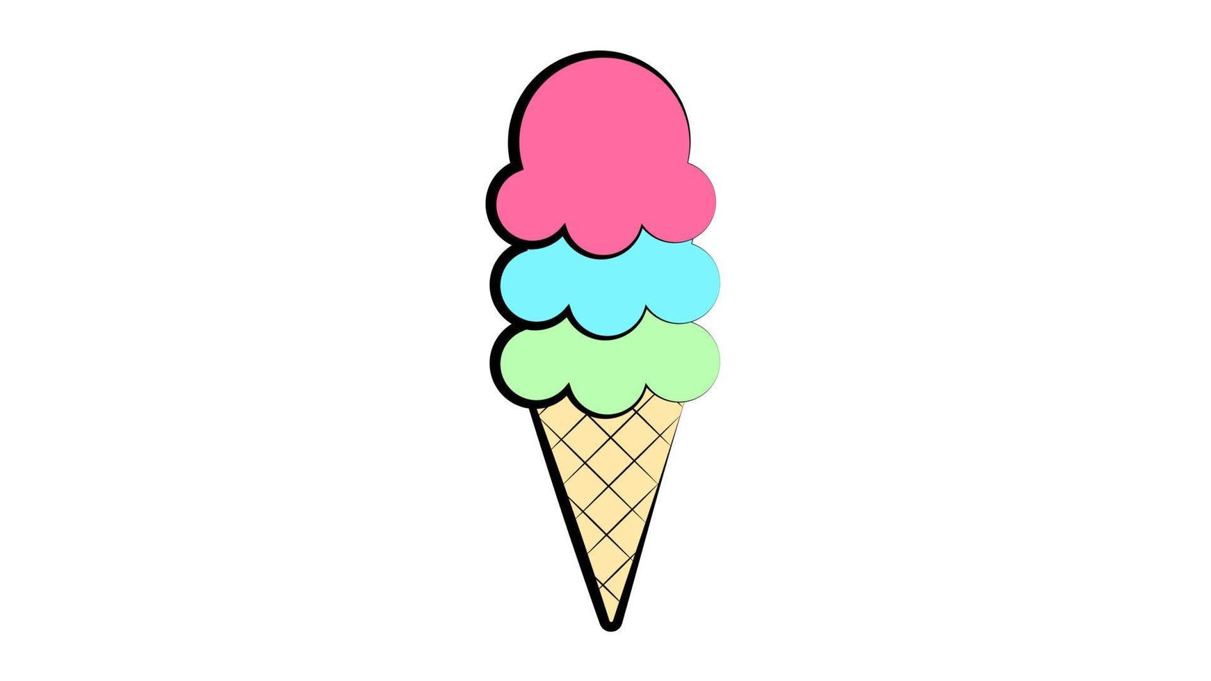 Melting ice cream balls in the waffle cone isolated on white background. Vector flat outline icon. Comic character in cartoon style illustration for t shirt design