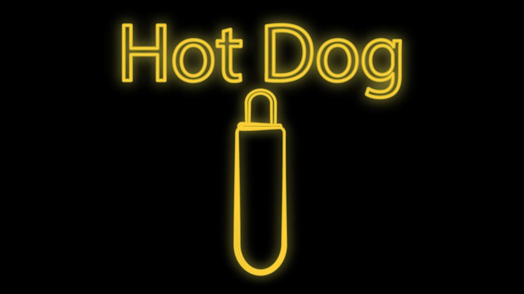 hot dog on a black background, neon, vector illustration. sausage sandwich, stuffed, appetizing bun. neon with an inscription in yellow. bright signboard for cafe, restaurant