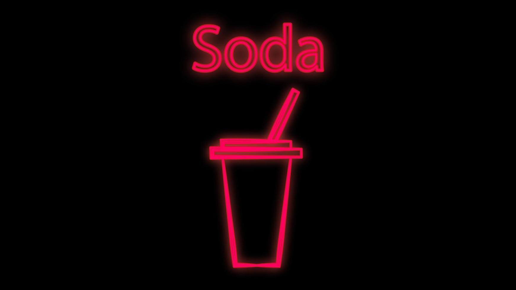 Neon glass of water or soft drink. Tall glass for long cocktails. Square line art illustration, icon for menu, bar poster. Vector fluorescent image