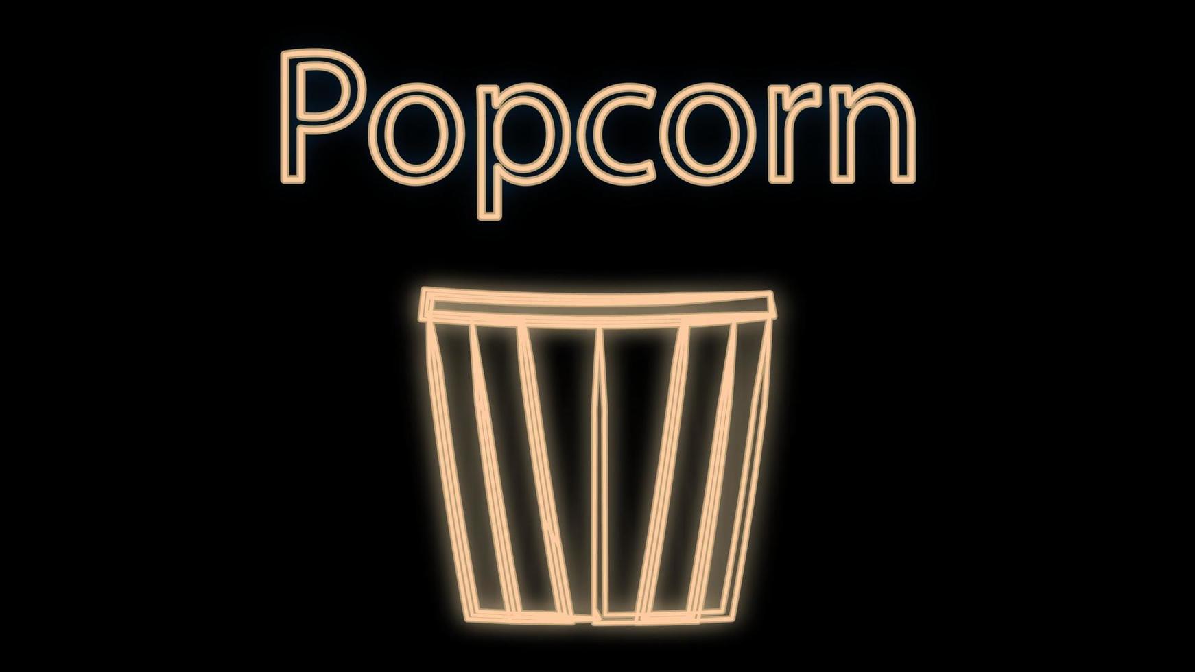 sweet popcorn in a glass, vector illustration. white neon sign with white lettering. decor of the restaurant and cafe. movie theater snack, neon sign