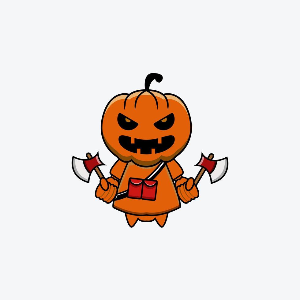 cute vector illustration of a pumpkin mascot holding an ax