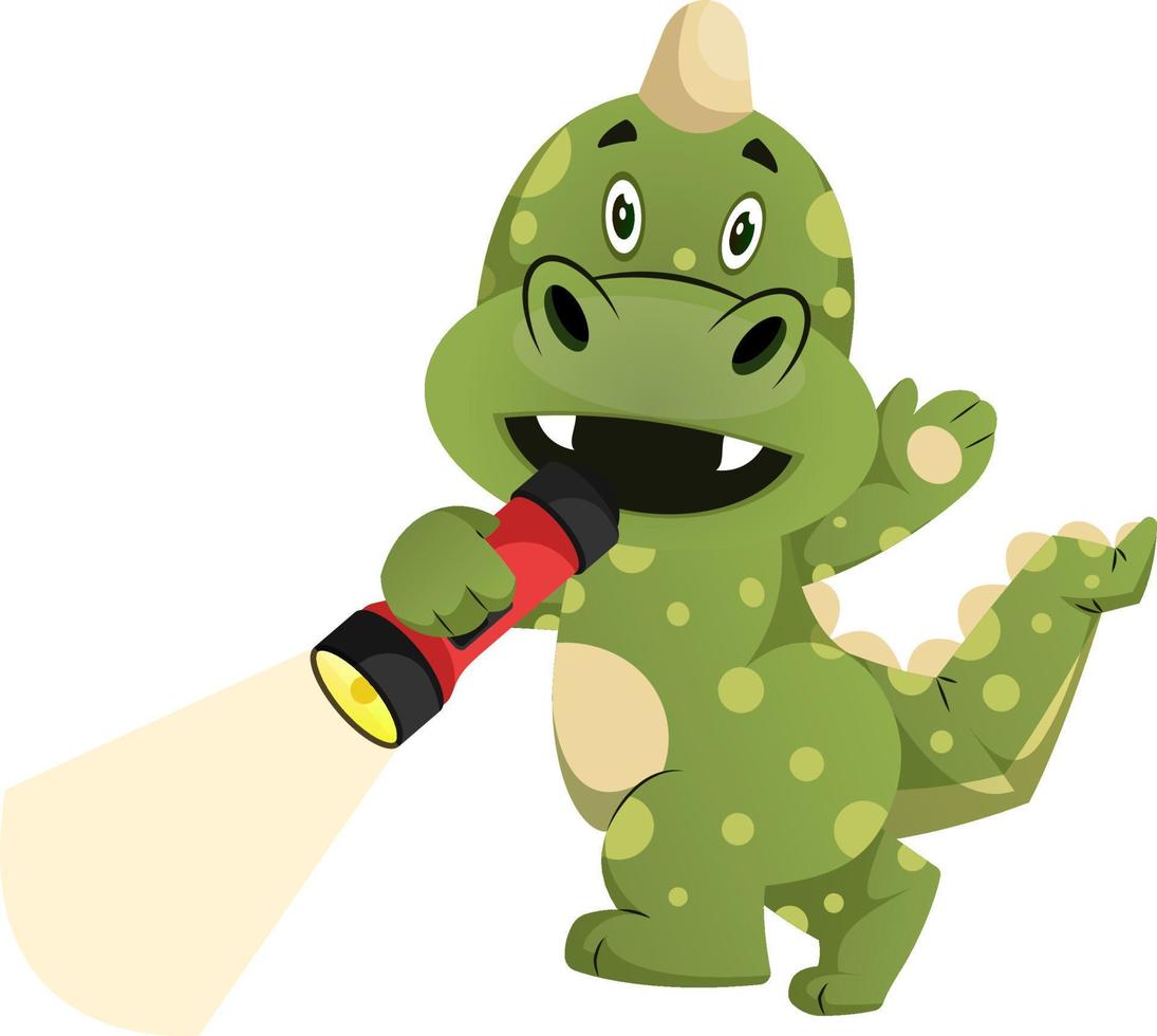 Green dragon is holding flashlight, illustration, vector on white background.