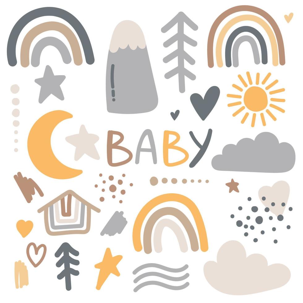 conjunto de lindos objetos de bebé boho en estilo escandinavo. dibujos animados doodle kids clipart para tarjeta de invitación de baby shower, decoración de la habitación de la guardería, afiche. vector