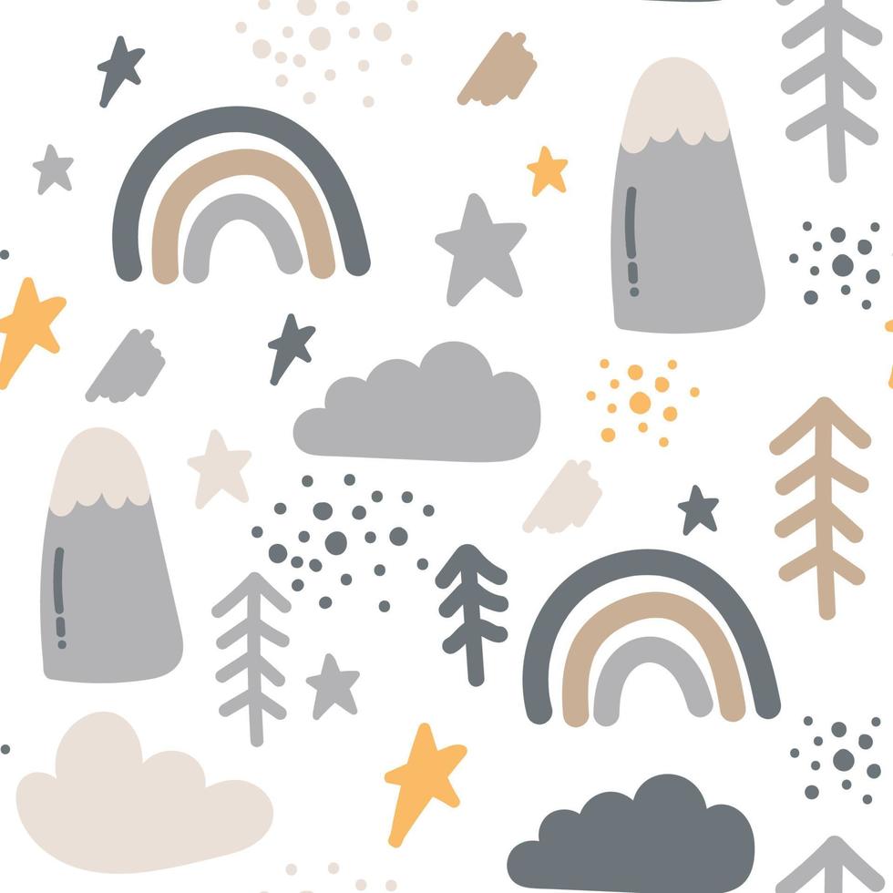 Hand drawn seamless pattern with trees, stars, hearts, clouds and mountains. Creative scandinavian woodland background. Stylish sketch for kids. Cute forest. Vector illustration