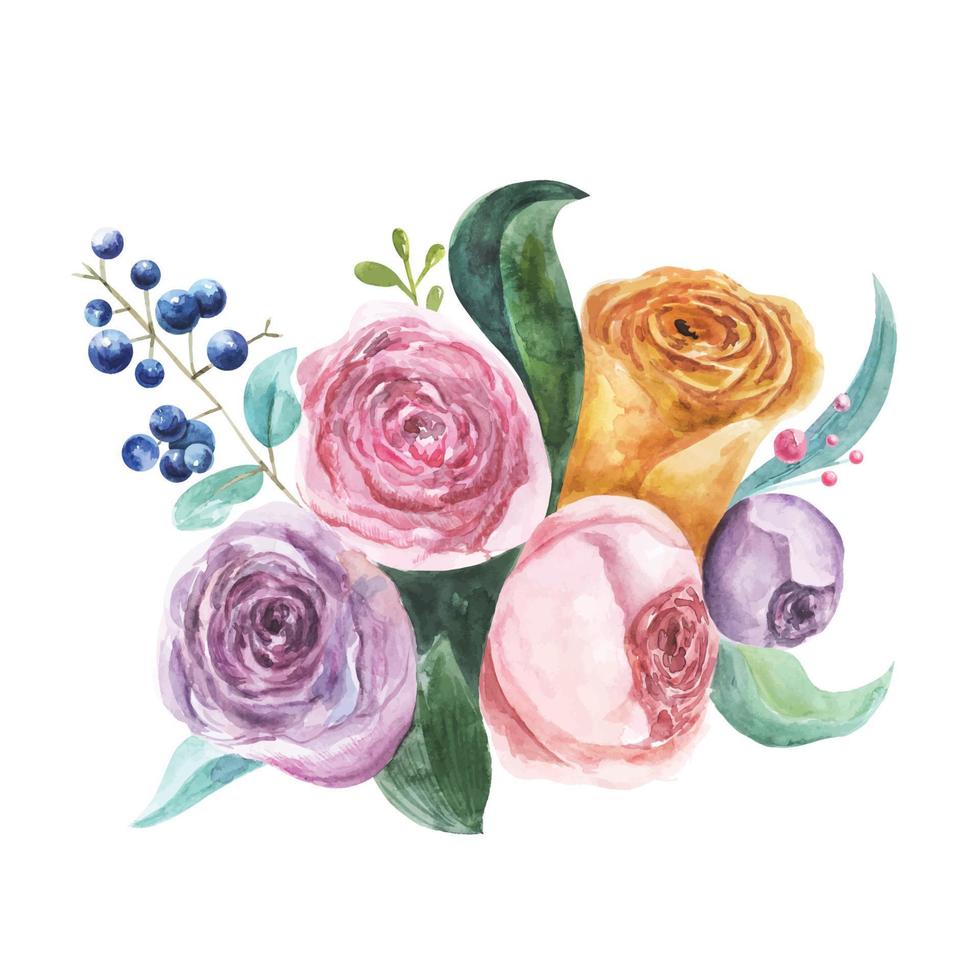 Abstract watercolor bouquet with flowers roses peonies and blue berries vector
