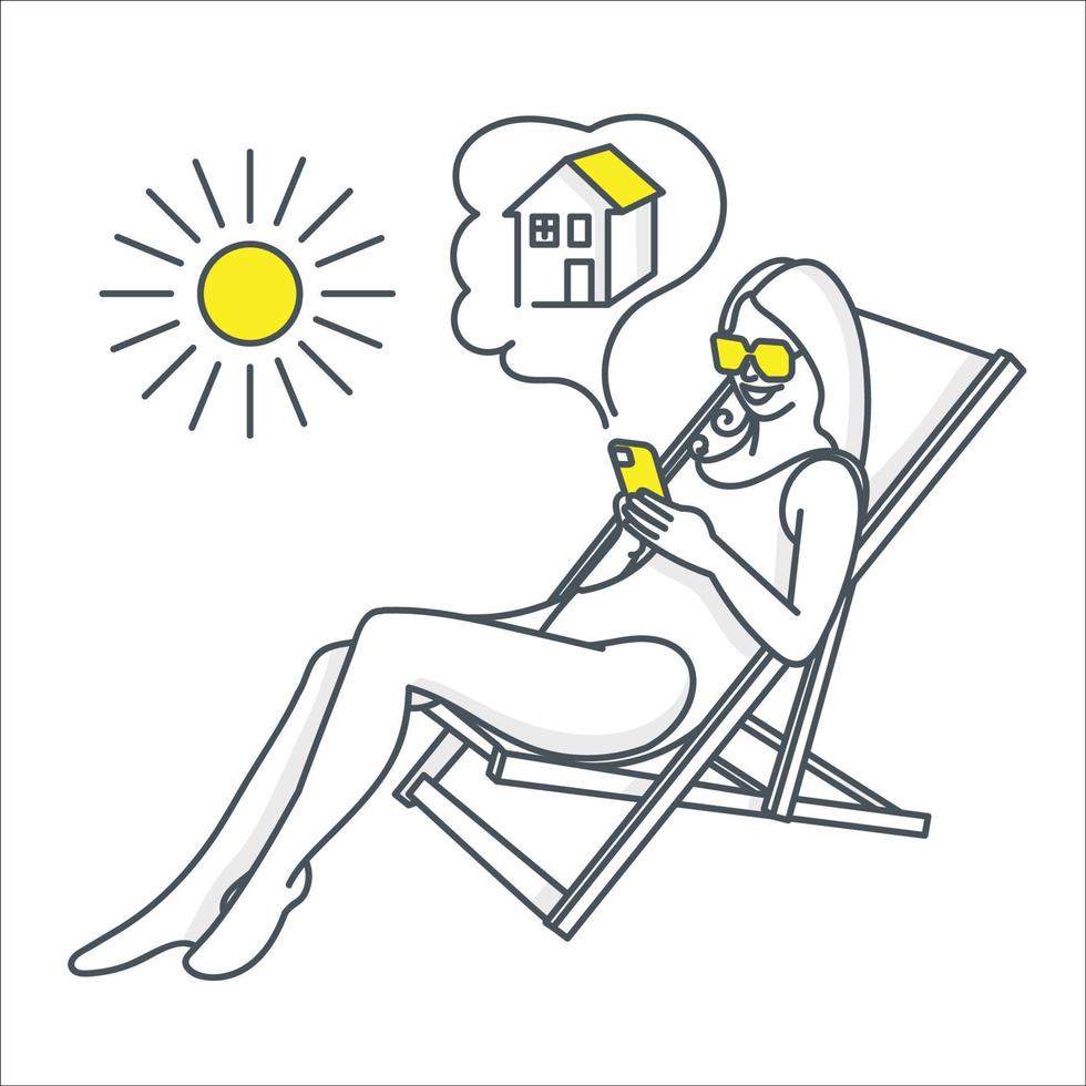 Girl lying under sun with a phone outline icon or illustration web vector