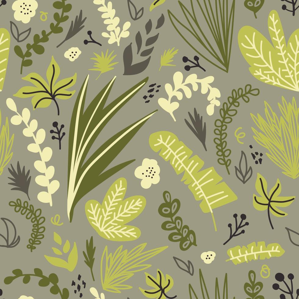 Abstract tropical leaves flowers seamless pattern camouflage color palette modern hand drawn vector