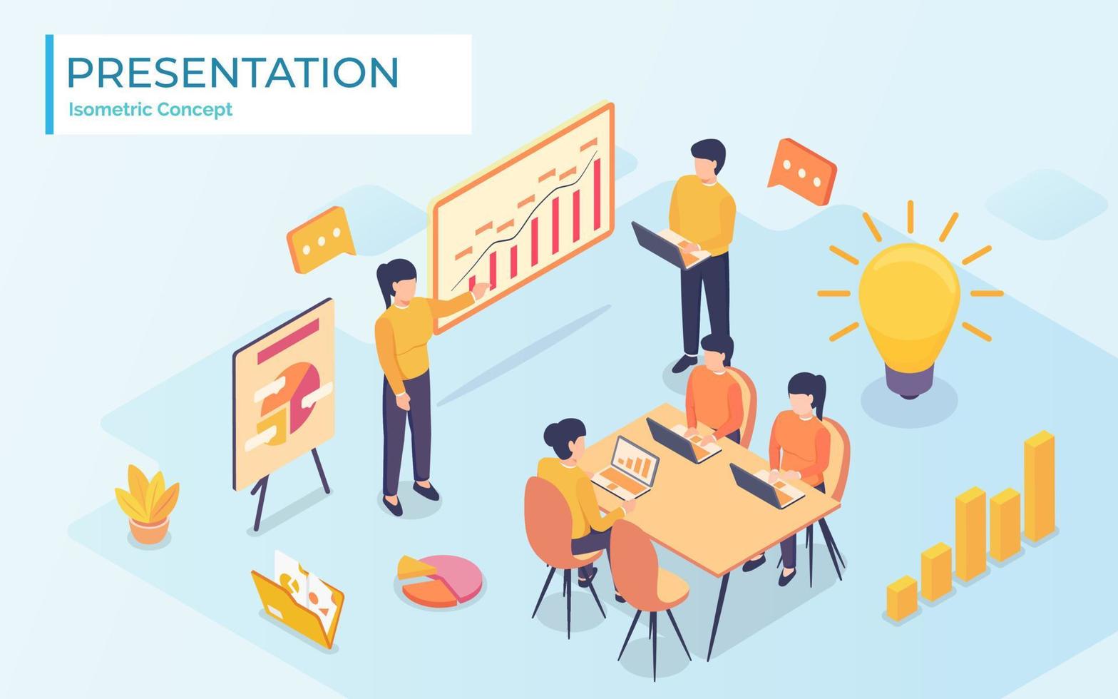 Businessman presenting new project to his partners and colleagues. He is showing graphs. Coach giving presentation to clients at conference meeting room. Modern vector illustration.