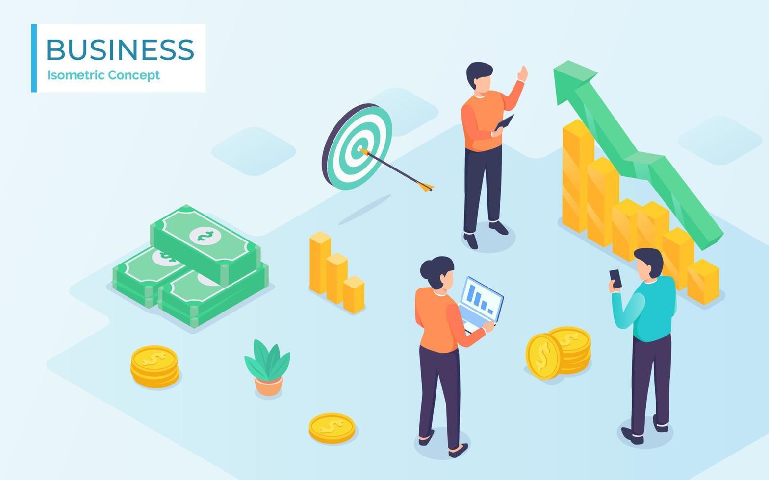 business team analysis with graph and chart and money with modern isometric style vector