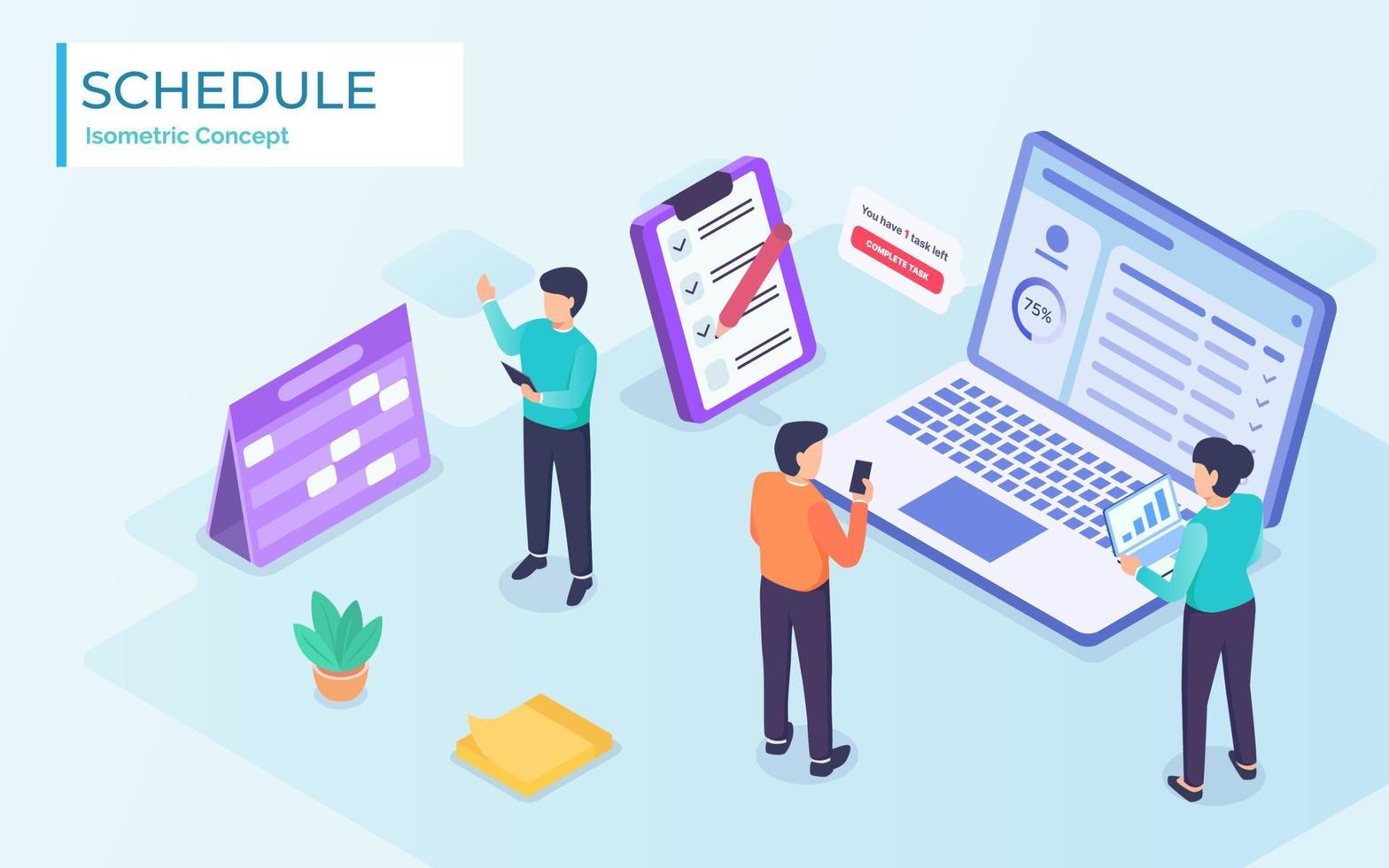 business schedule project management team with app and notes in modern isometric flat style - vector