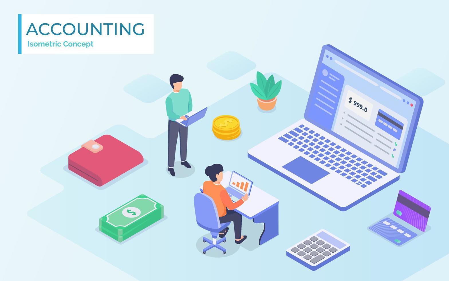 Isometric Online Accountant Concept. Woman Accountant Is Preparing A Tax Report And Calculating Payment Check Basing On Data. Vector Illustration