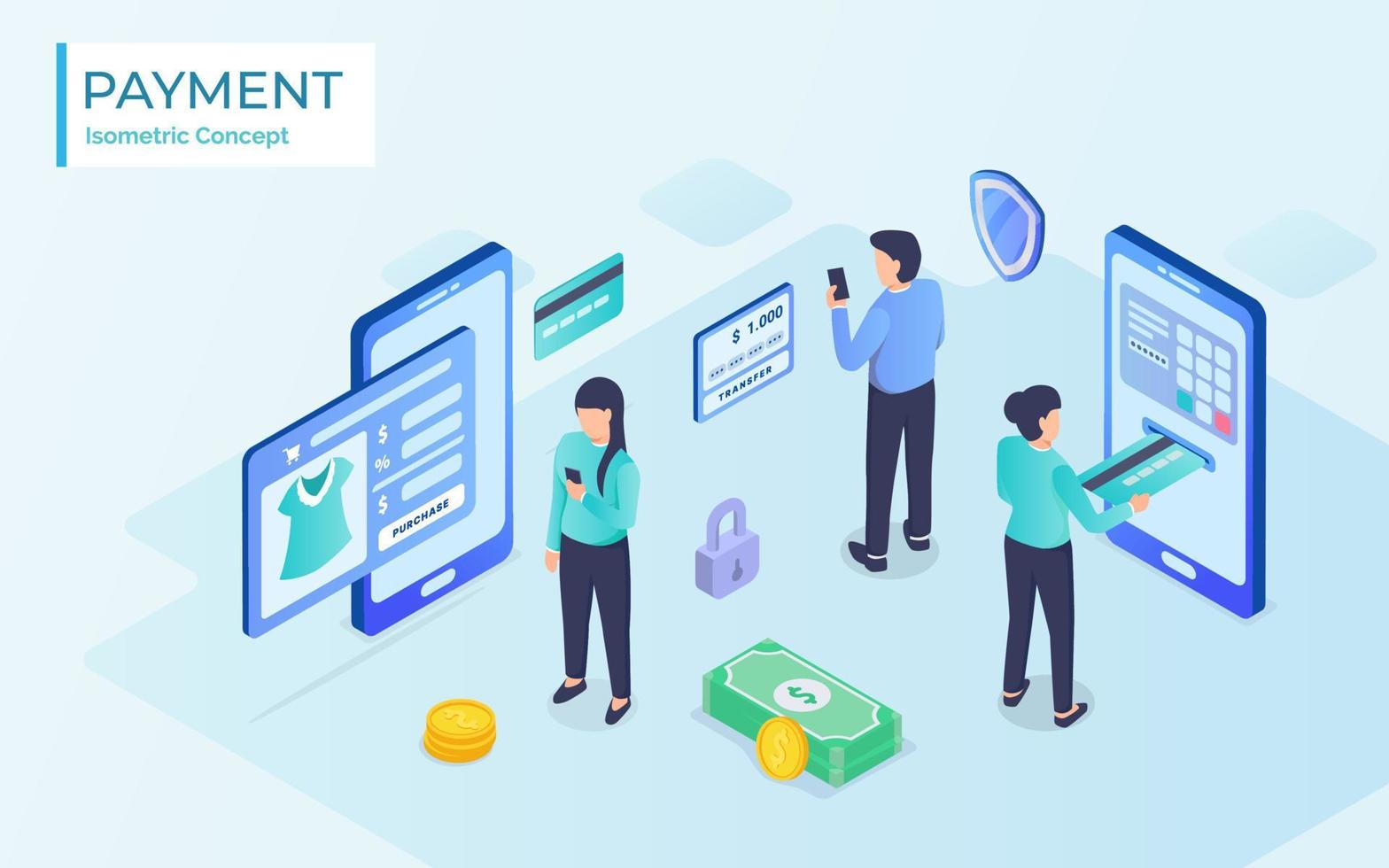 Flat isometric vector concept of receipt, online payment, money transfer, mobile wallet.