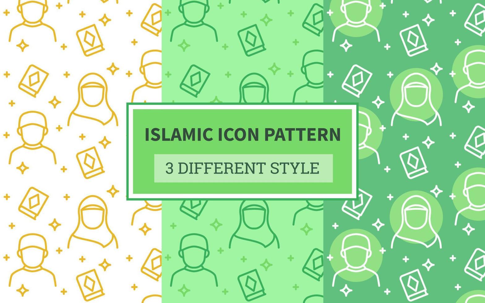 Islamic icon pattern muslim man woman hijab holy quran religious star with bundling version three different green theme style flat design vector