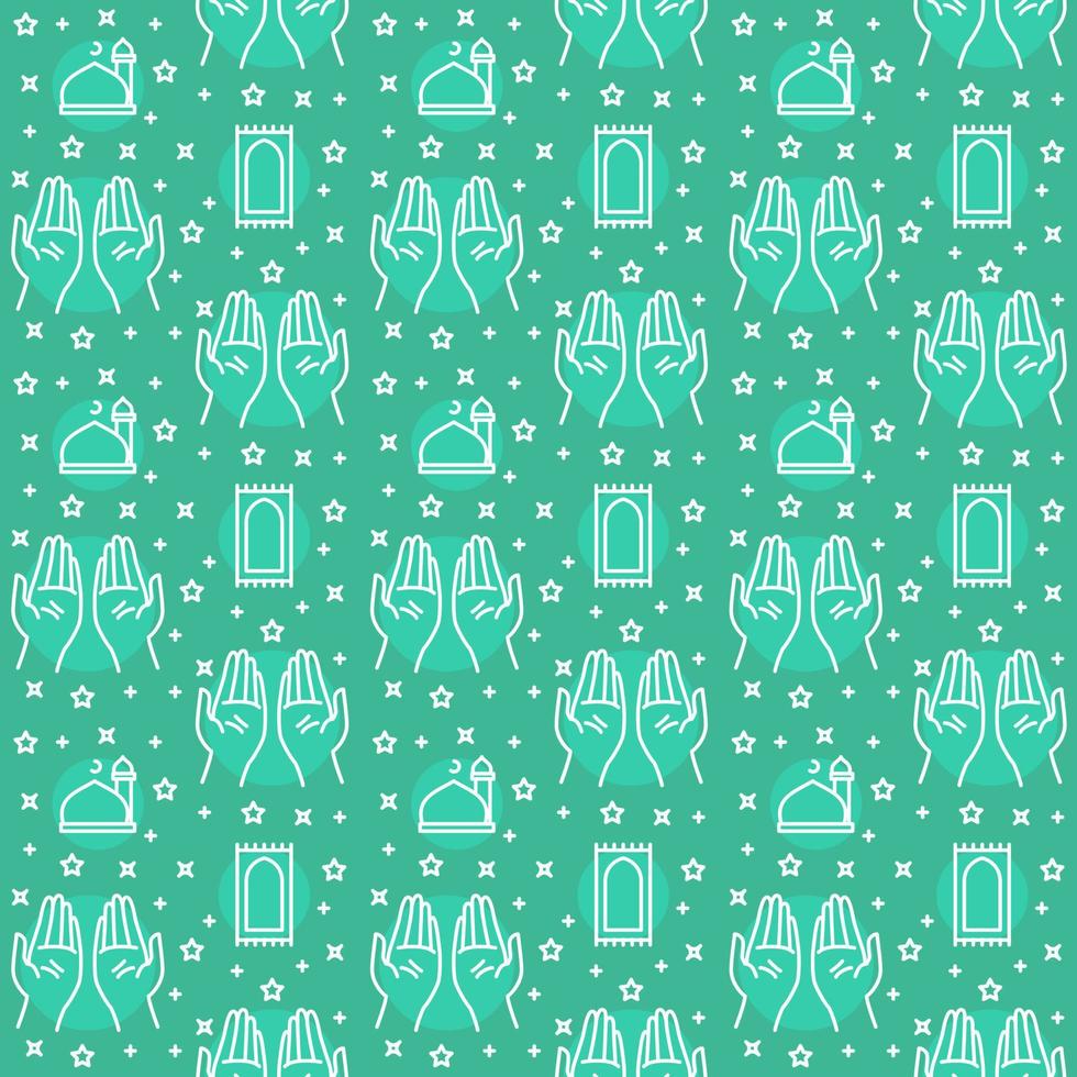 Praying hand pattern icon mosque dome turkey carpet star with filled color background green theme flat style design. vector