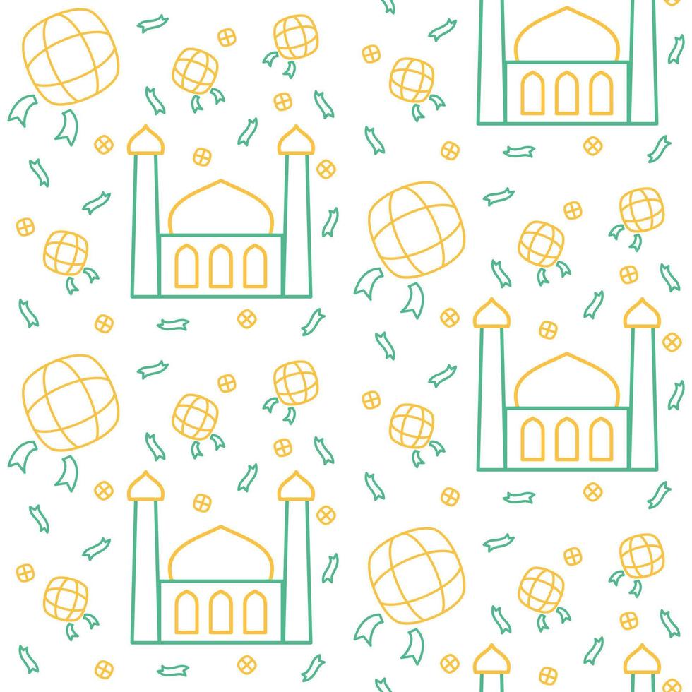 Mosque icon pattern ketupat rice cake ied mubarak with dual tone color flat style design vector