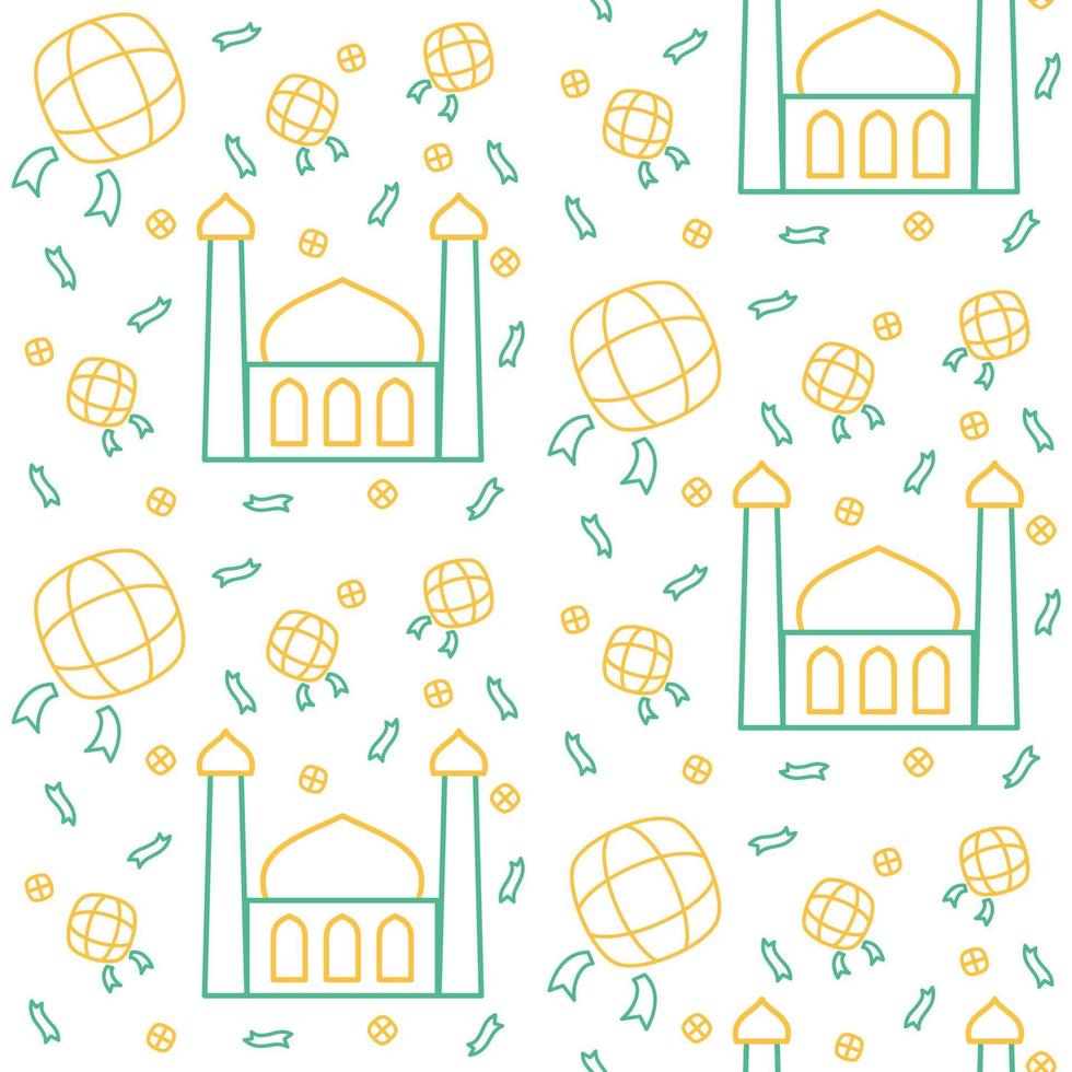 Mosque icon pattern ketupat rice cake ied mubarak with dual tone color flat style design vector