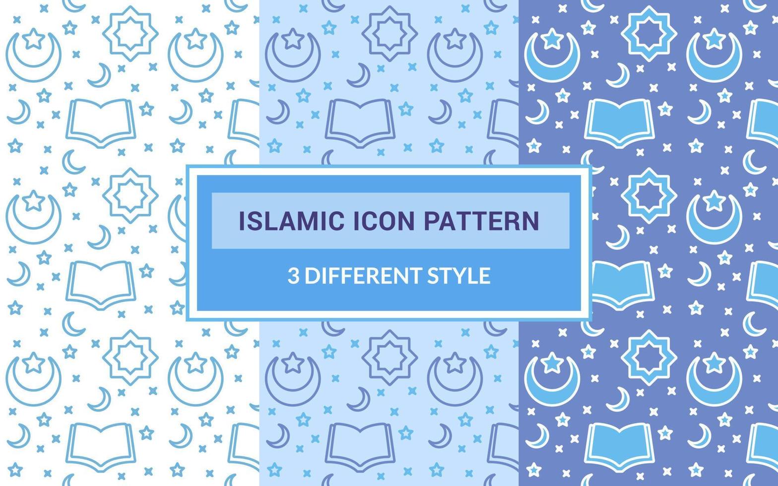 icono islámico patrón corán libro abierto luna creciente estrella adorno árabe con versión agrupada tres diseño plano de estilo de tema azul diferente. vector