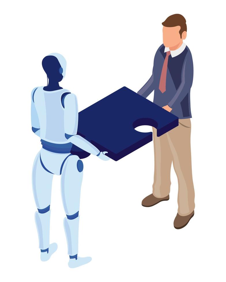 robot and businessman lifting puzzle vector