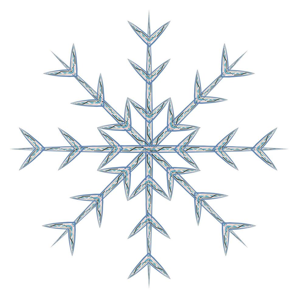 Abstract image snowflake by different patterned lines in trendy wintry blue shades. Icon. Isolate vector