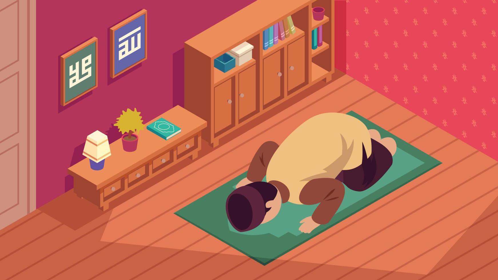 Isometric Young Man Prostrate In The Praying Room Illustration vector