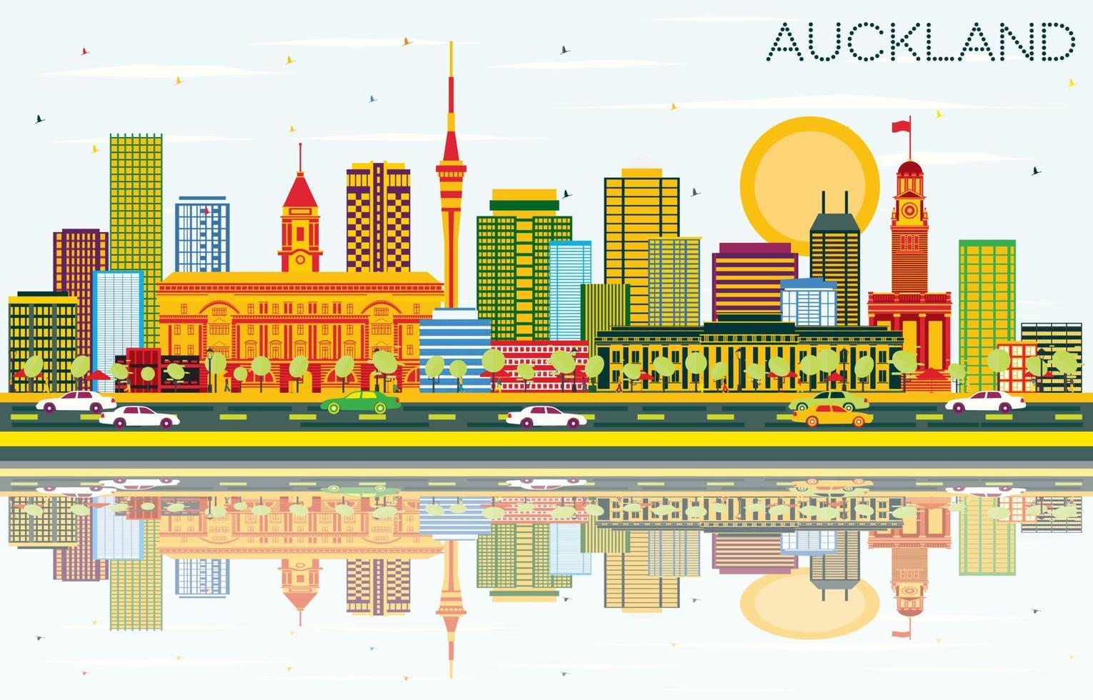 Auckland Skyline with Color Buildings, Blue Sky and Reflections. vector