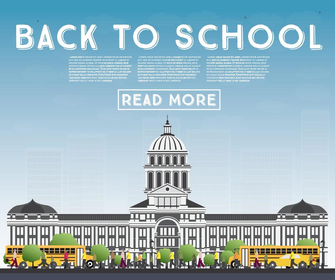 Back to School. Banner with School Bus, Building and Students. vector