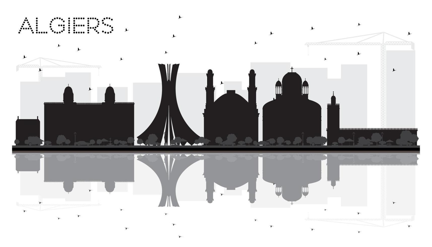 Algiers City skyline black and white silhouette with Reflections. vector