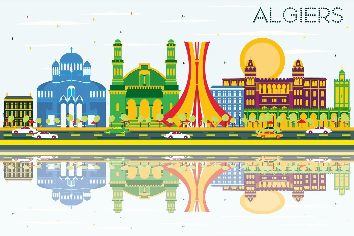 Algiers Skyline with Color Buildings, Blue Sky and Reflections. vector