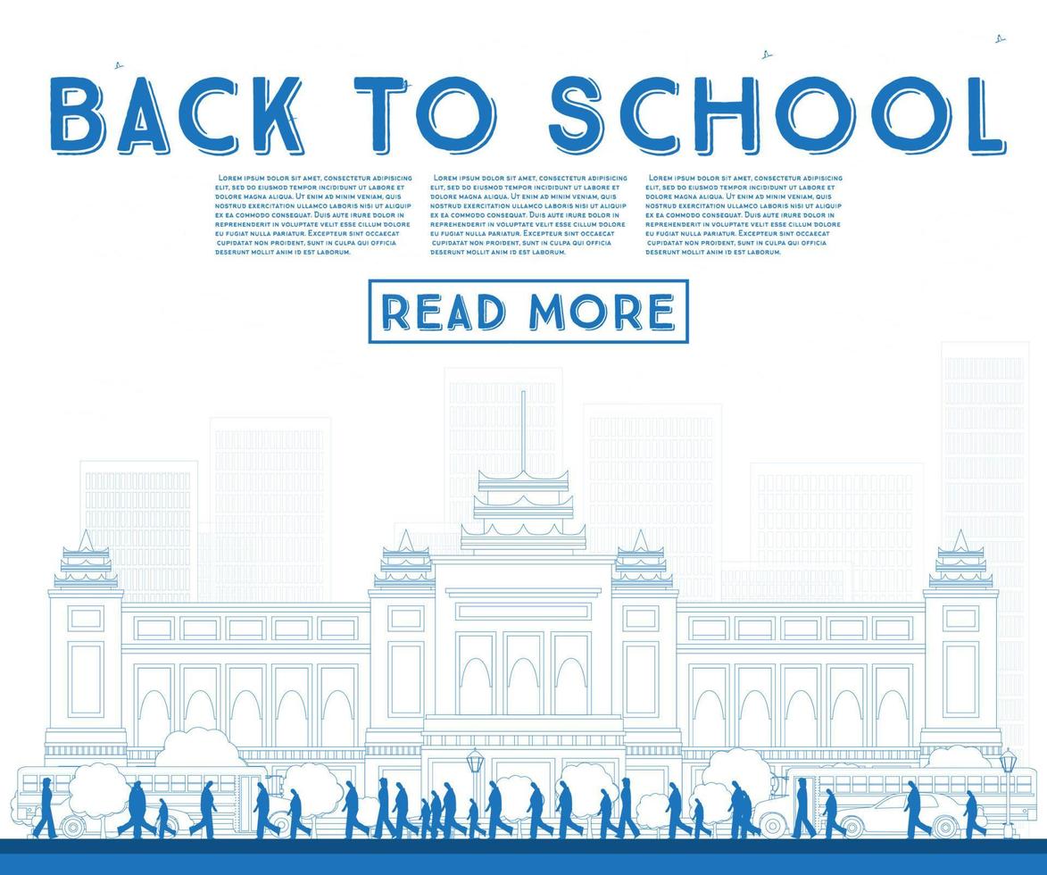 Outline Back to School. Banner with School Bus, Building and Students. vector