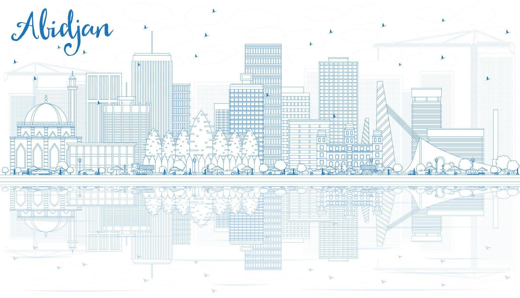 Outline Abidjan Skyline with Blue Buildings and Reflections. vector