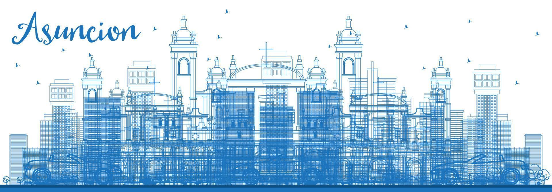 Outline Asuncion Skyline with Blue Buildings. vector