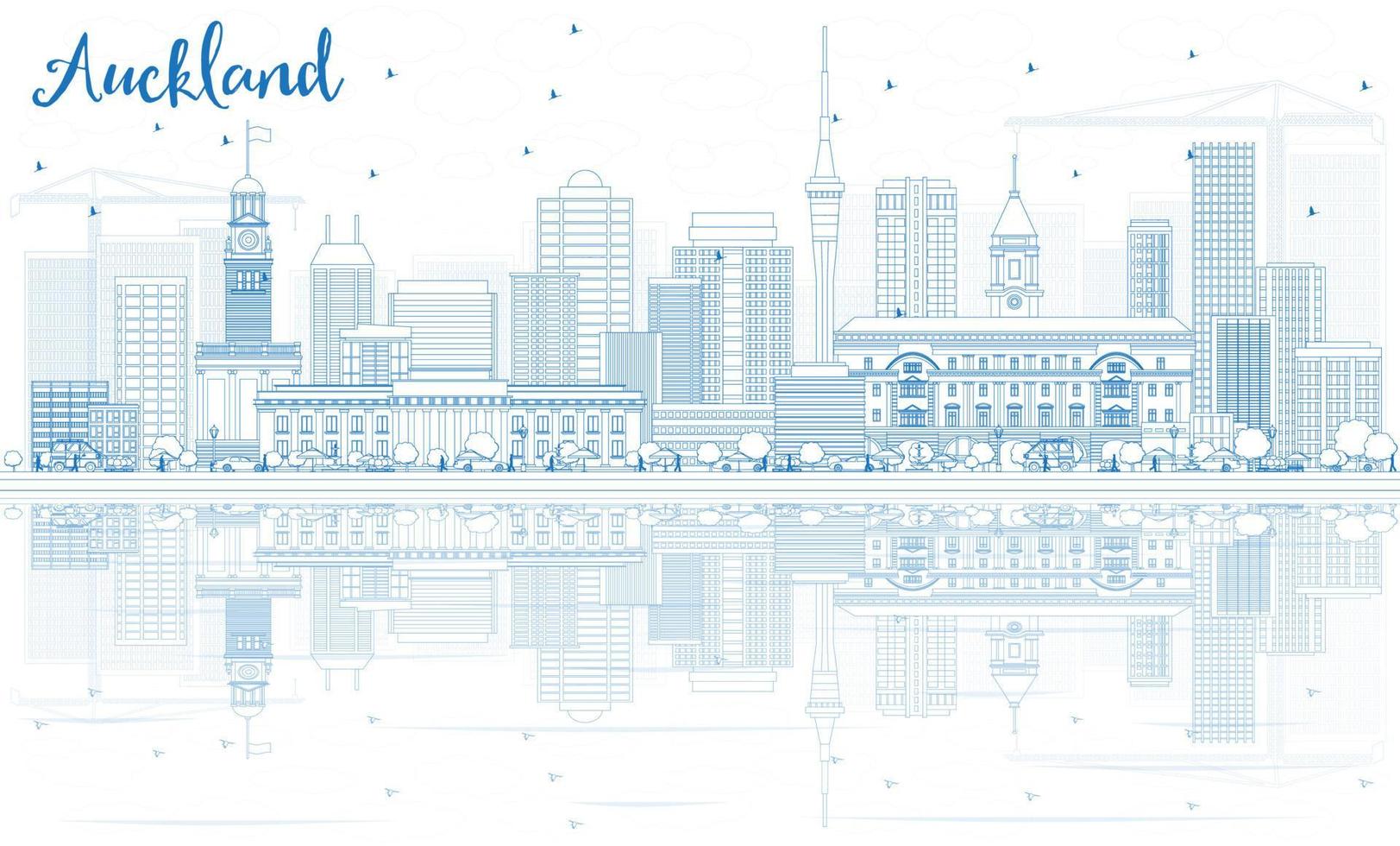 Outline Auckland Skyline with Blue Buildings and Reflections. vector