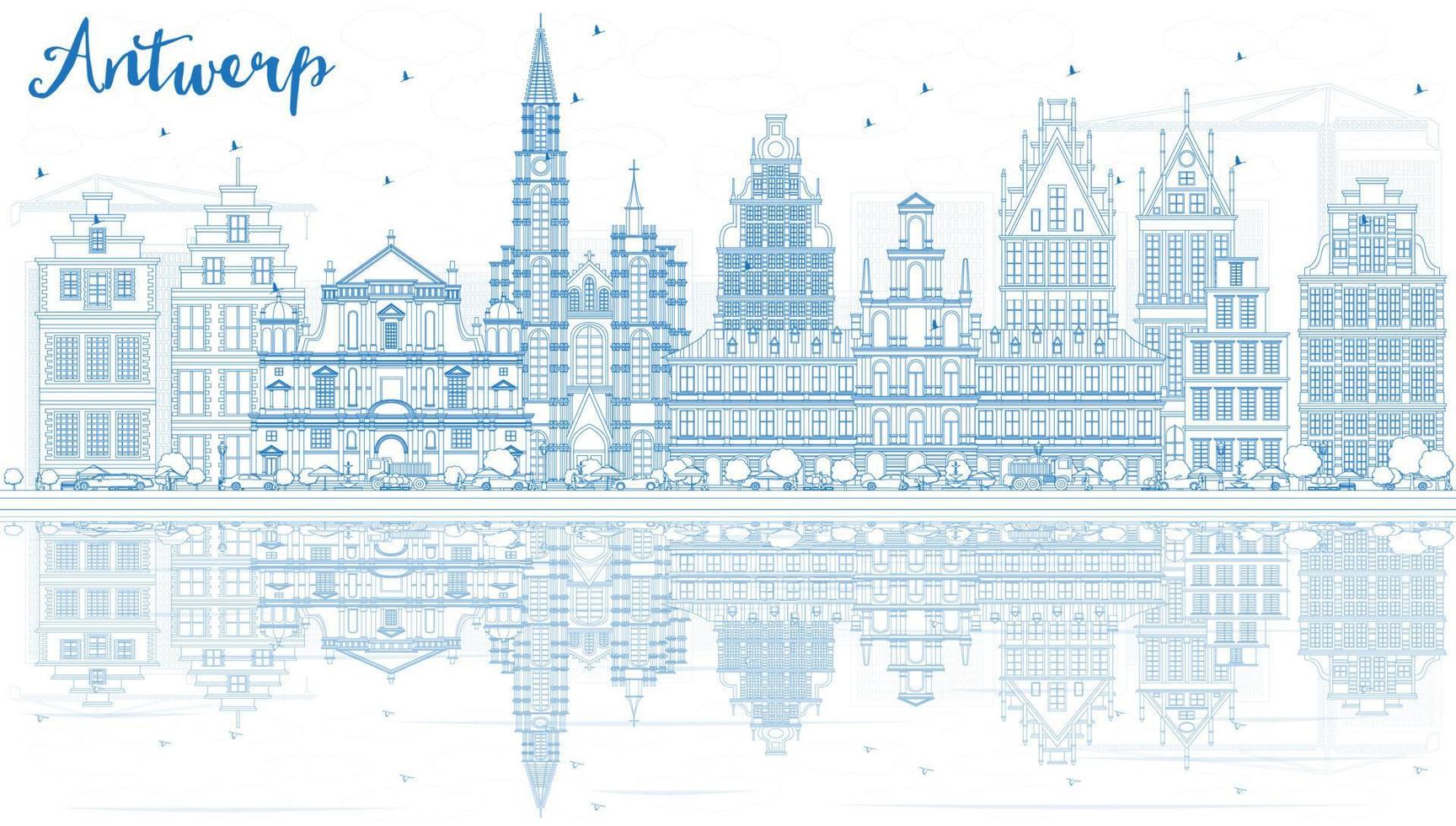 Outline Antwerp Skyline with Blue Buildings and Reflections. vector