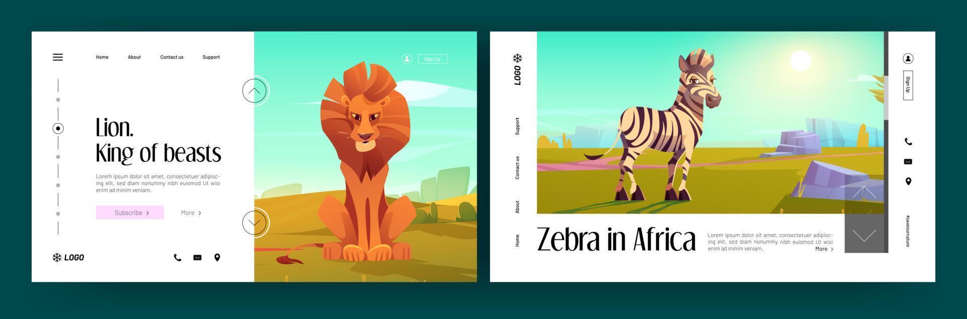 Banners with zebra and lion in savannah vector