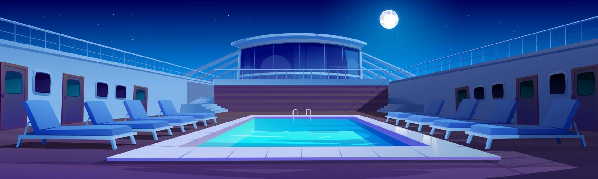 Swimming pool on cruise liner at night, ship deck vector