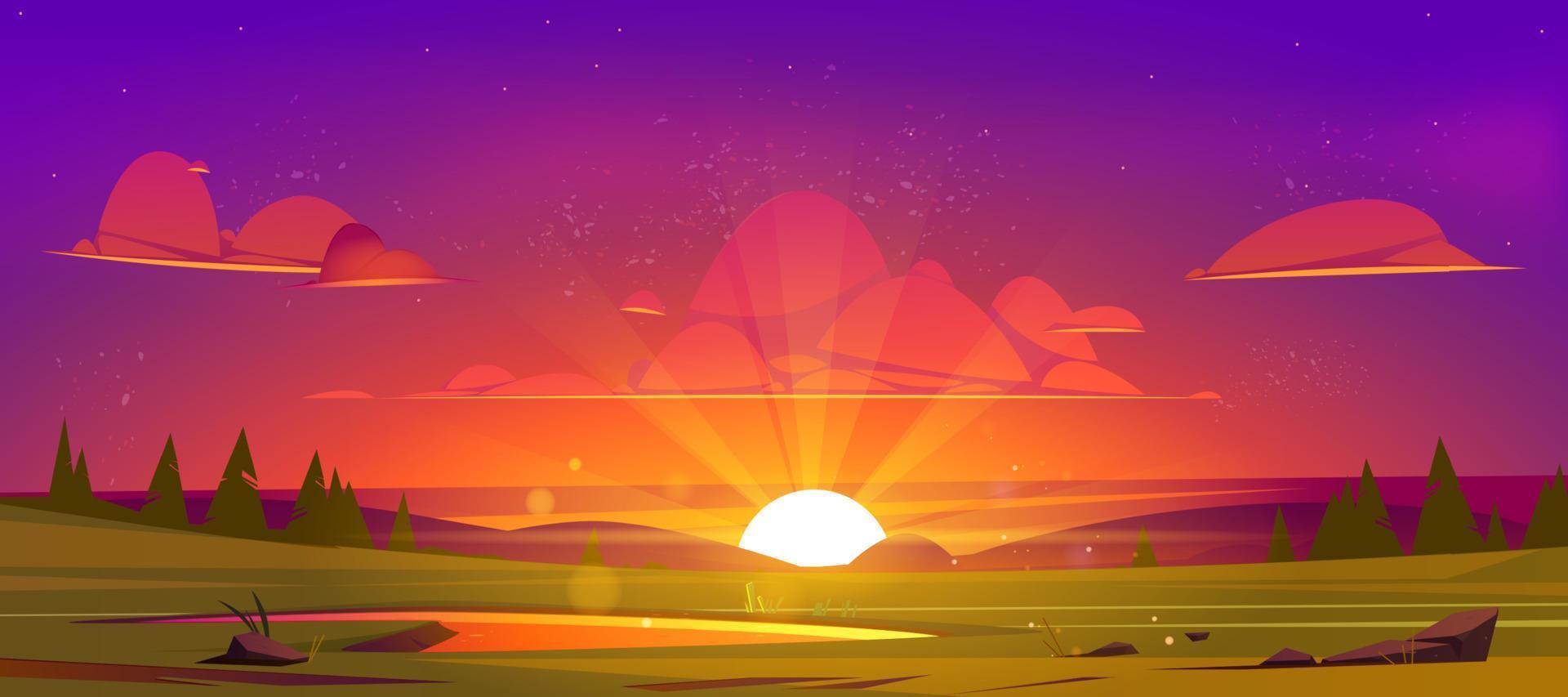 dibujos animados naturaleza paisaje hermosa puesta de sol en el campo vector