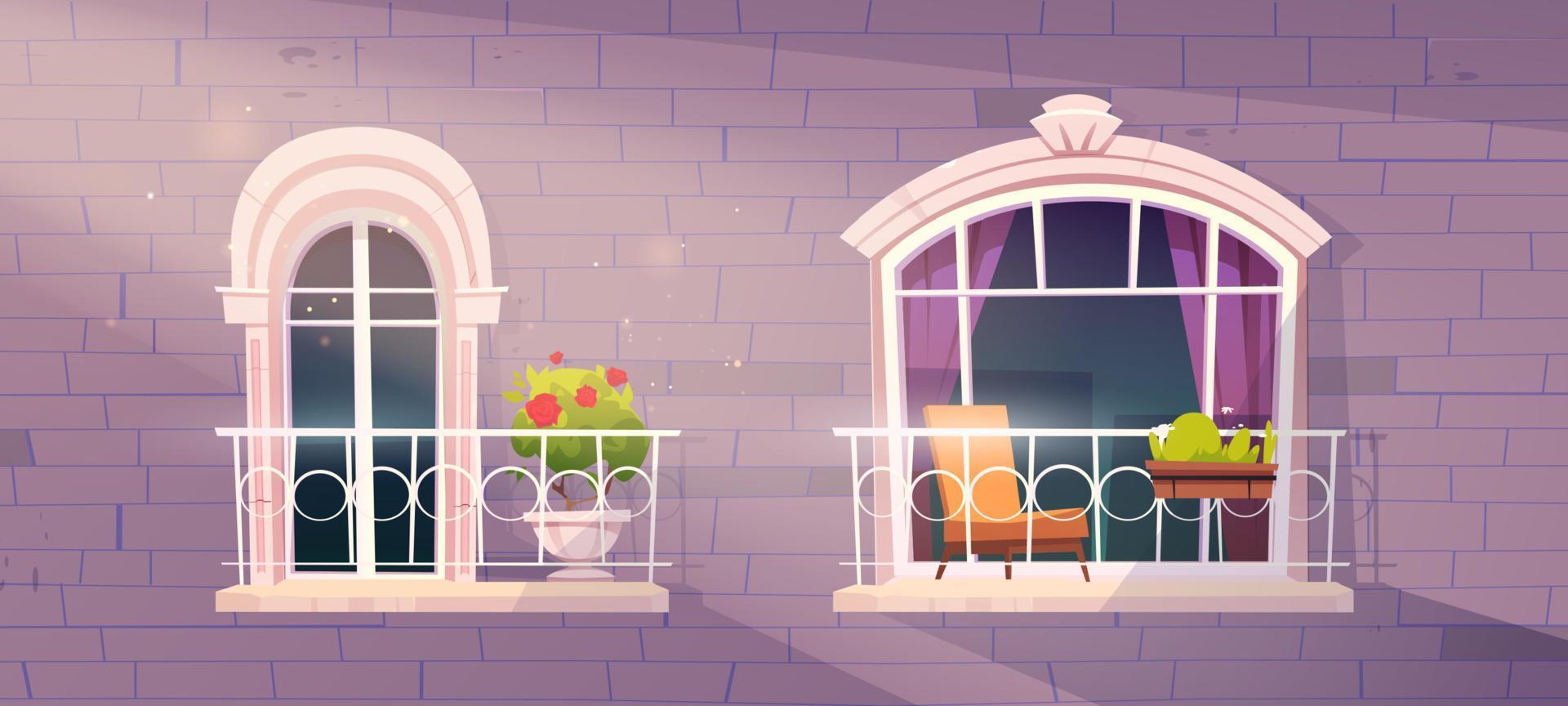 Antique building facade with arch windows, balcony vector