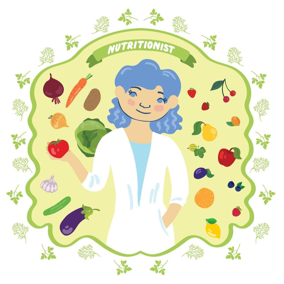 Nutritionist with vegetables and fruits. vector