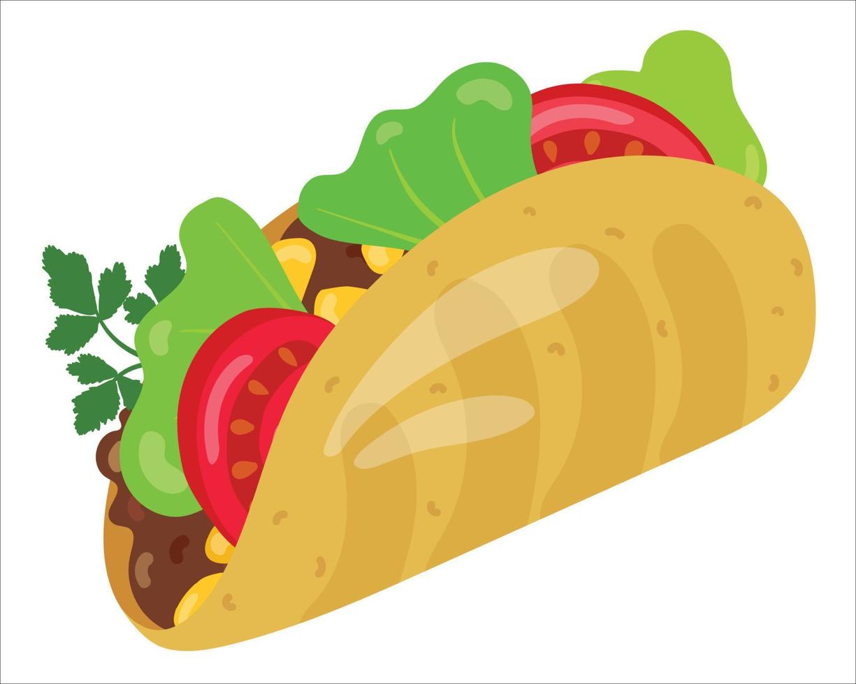 Taco with meat and vegetables. Mexican street food. Hand drawn vector illustration. Suitable for website, stickers, menu.