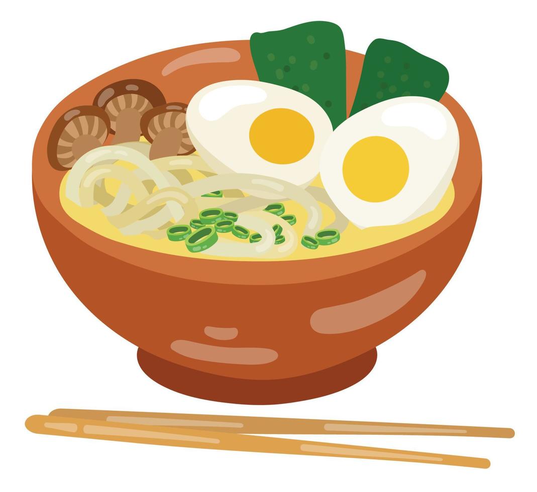 sopa de ramen con fideos, huevos cocidos y setas shiitake. vector