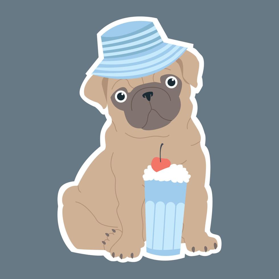 A pug in a panama hat is drinking a cocktail. Cute sticker. Vector illustration for children.