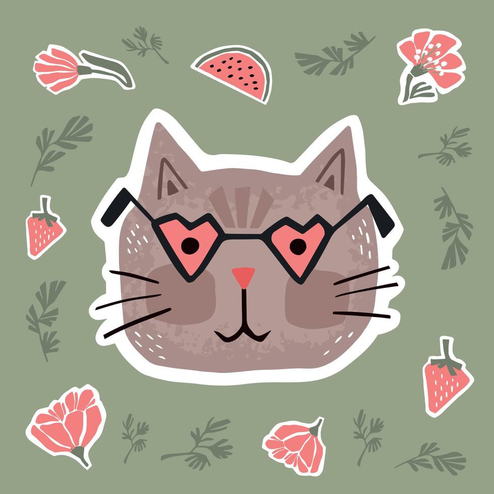 Cute summer sticker, cat in pink sunglasses. Children's drawing illustration in scandinavian style. vector