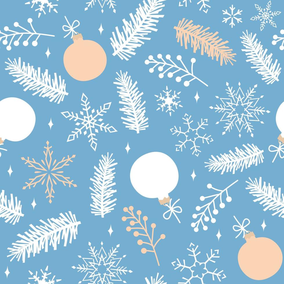 patrón azul transparente de ramas de abeto, copos de nieve y juguetes de navidad. ilustración vectorial de Navidad. vector