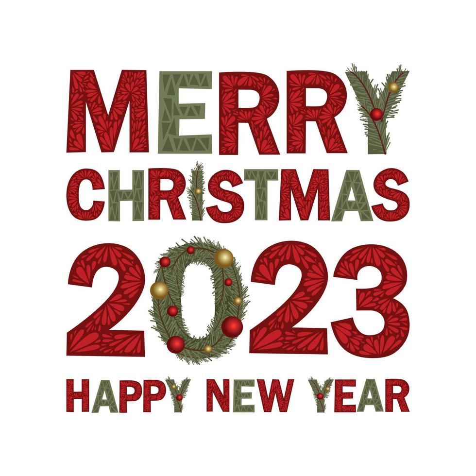Lettering Merry Christmas and Happy New Year 2023. Simple vector illustration.