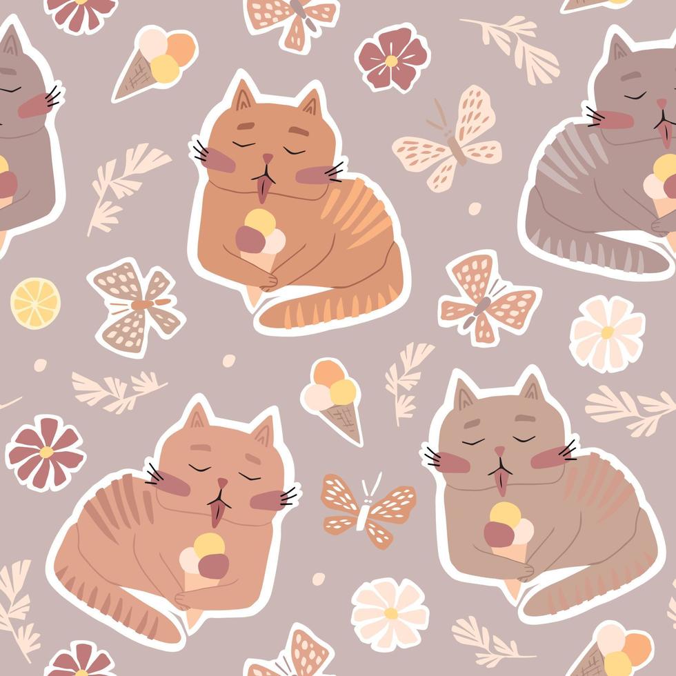 The cat eats ice cream. Cute childish flat illustration in gentle beige tones. Seamless vector pattern for fabrics, wallpapers, wrapping paper.