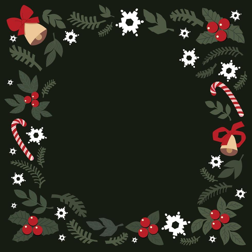 christmas background frame made of drawn cute elements. mistletoe, snowflakes, spruce, bells, lollipops. for Christmas cards, posters. vector flat illustration.