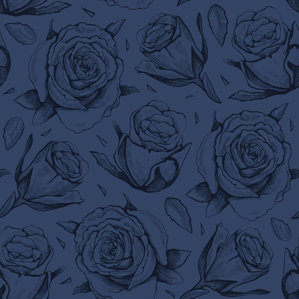 Blue seamless vector pattern of hand drawn roses.