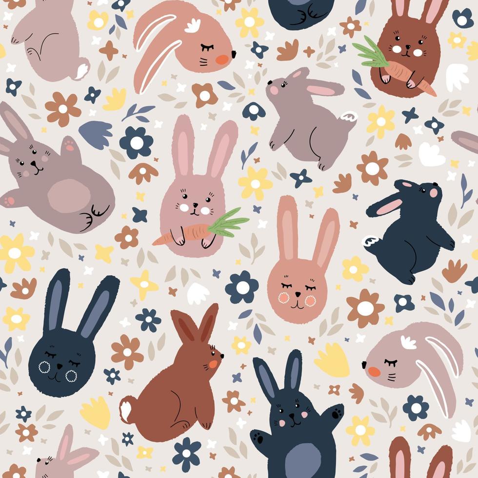 seamless vector pattern of cute drawn bunnies and flowers. tender flat illustration for baby clothes, postcards, wrapping paper, wallpaper, fabric.