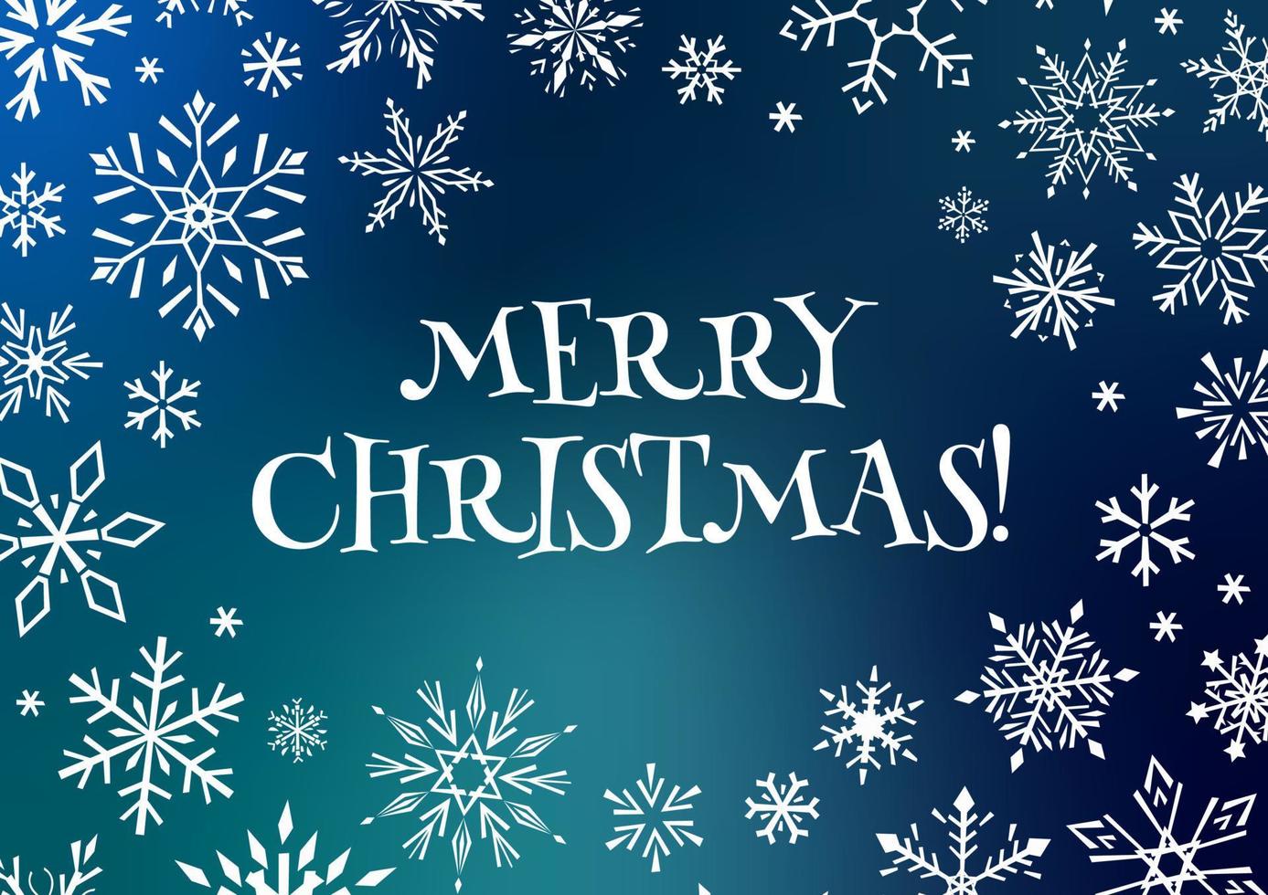 Merry Christmas horizontal card with drawn graphic snowflakes. Bright vector illustration.