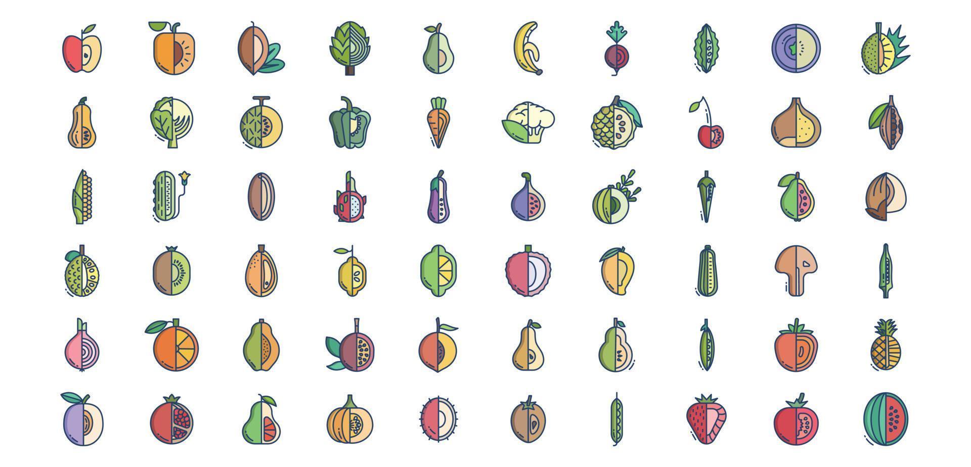 colección de íconos relacionados con frutas y verduras, incluidos íconos como piña, alcachofa, cereza, guisantes y más. ilustraciones vectoriales, conjunto perfecto de píxeles vector